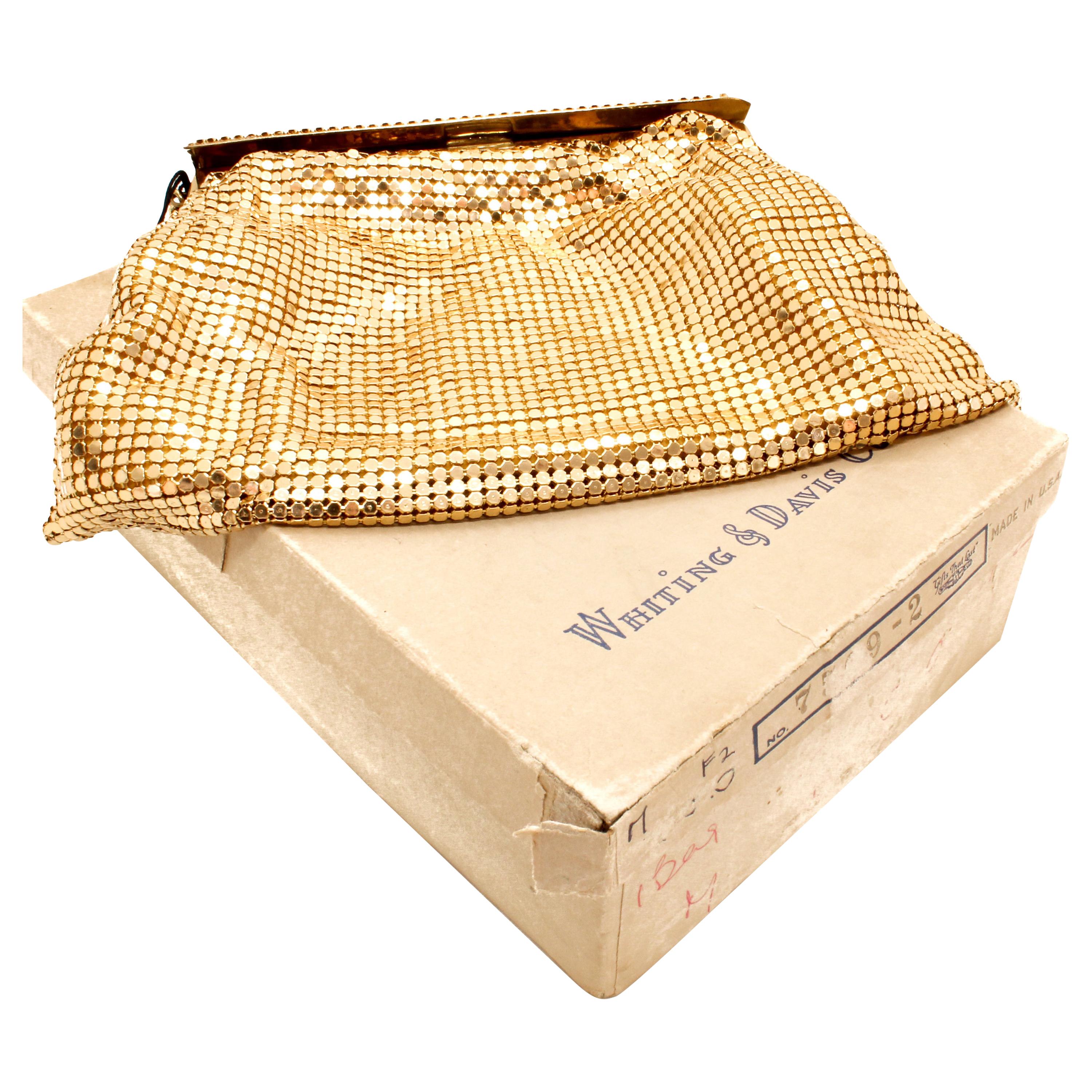 ME Whiting & Davis 1970s Vintage Gold Tone Mesh Evening Bag 