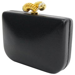 Rodo - Pochette vintage en peau de lézard noire avec fermeture en strass