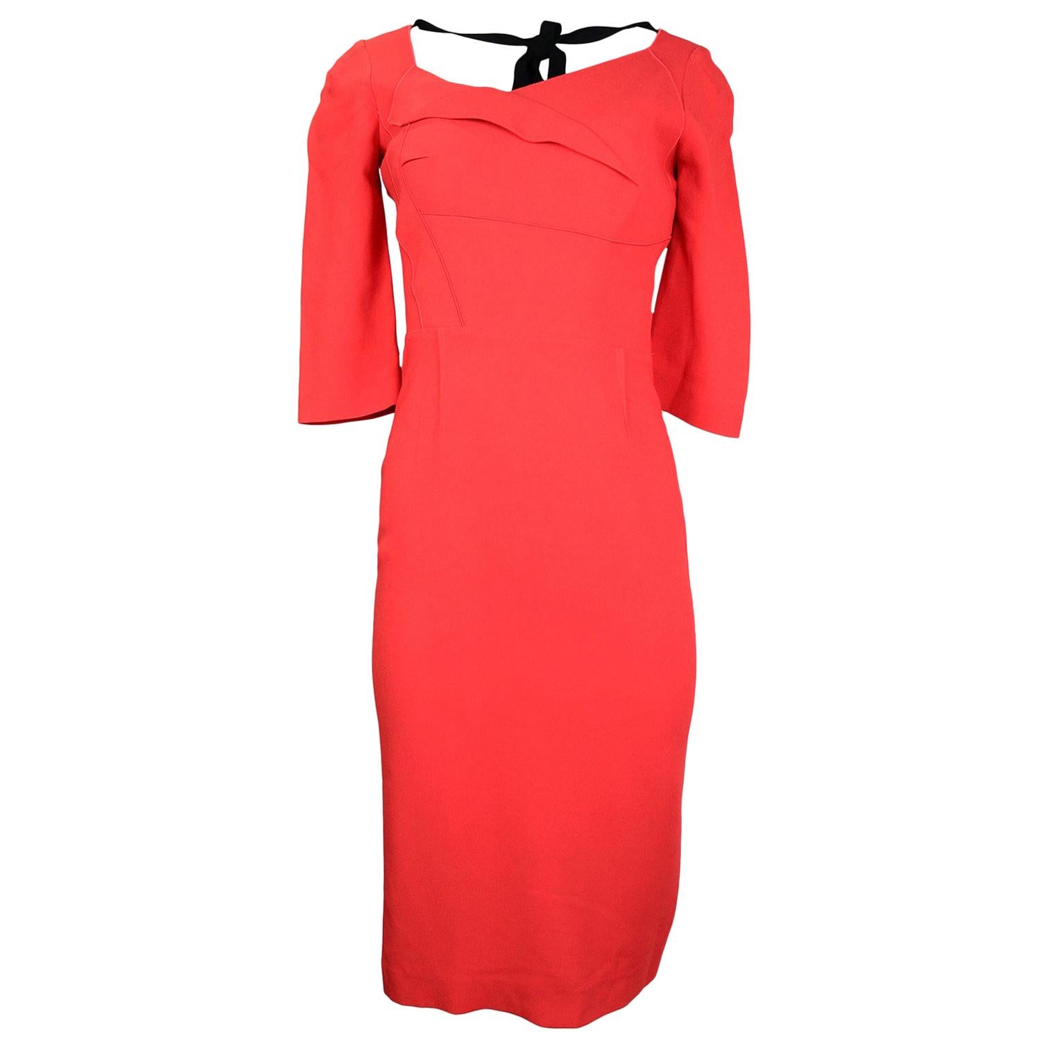 Roland Mouret Red 3/4 Sleeve Asymmetrical Neckline Dress Sz 10