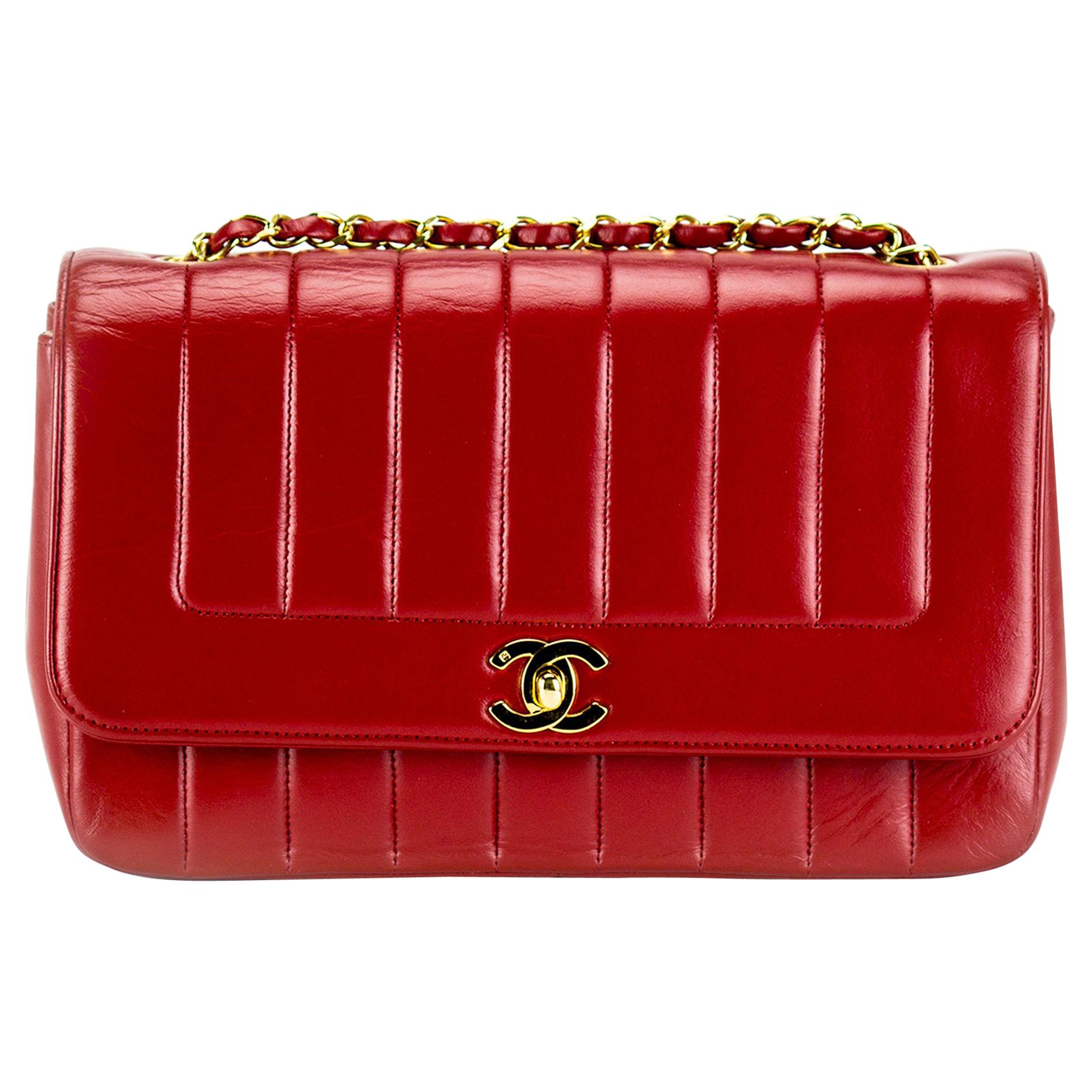 Chanel Red Lambskin Stripe Diana Medium Vintage Classic Flap Bag 