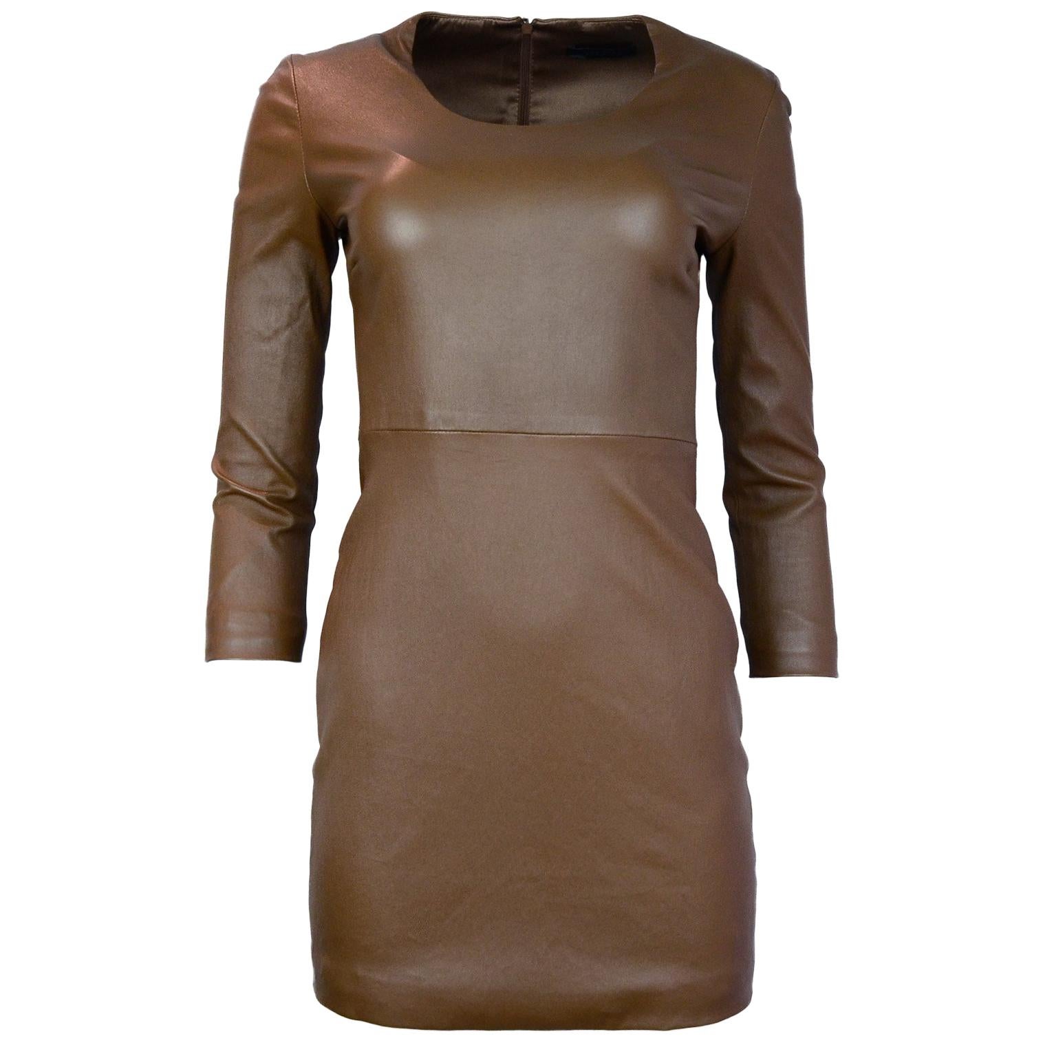 The Row Tobacco Long Sleeve Scoop Neck Leather Dress Sz S