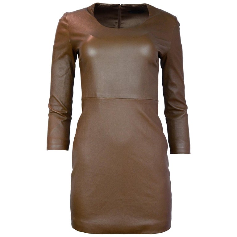 The Row Tobacco Long Sleeve Scoop Neck Leather Dress Sz S at 1stDibs ...