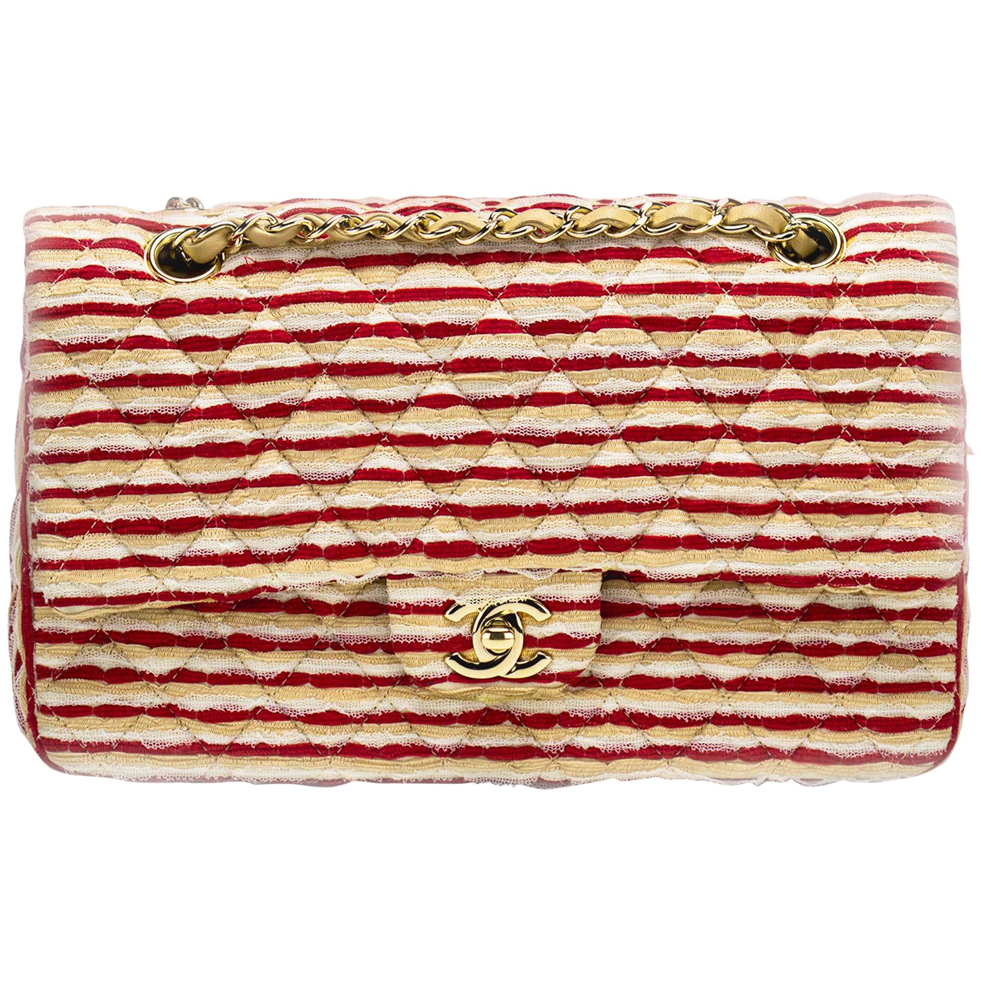 Red and Multicolor Tweed Medium Classic Double Flap Bag Ruthenium Hardware,  2021