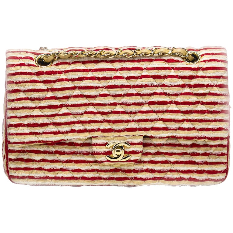 Chanel Medium Classic Vintage Striped Red and Beige Double Flap Bag