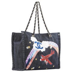 Chanel Limited Edition Airplane Rainbow Mixed Media Blue Jean Denim Tote Rare