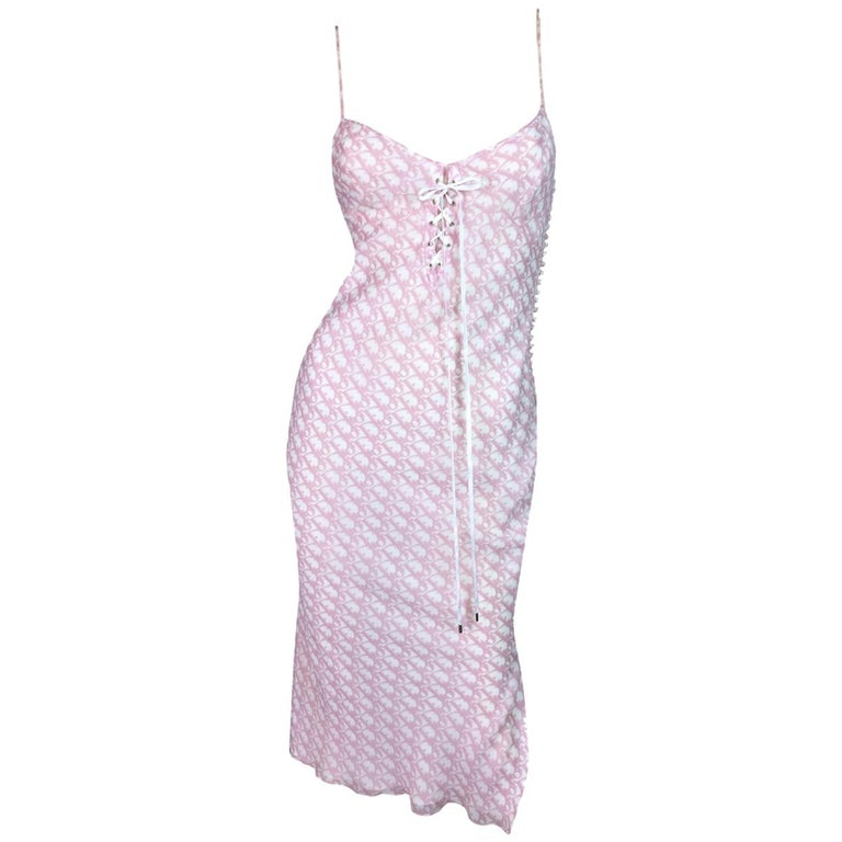 NWT S S 2004 Christian Dior John Galliano Pink Monogram Logo Silk Tie Dress