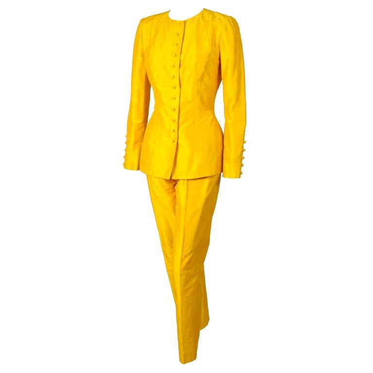 Pierre Balmain 1970's Numbered Haute Couture Yellow Silk Tunic & Pants For Sale