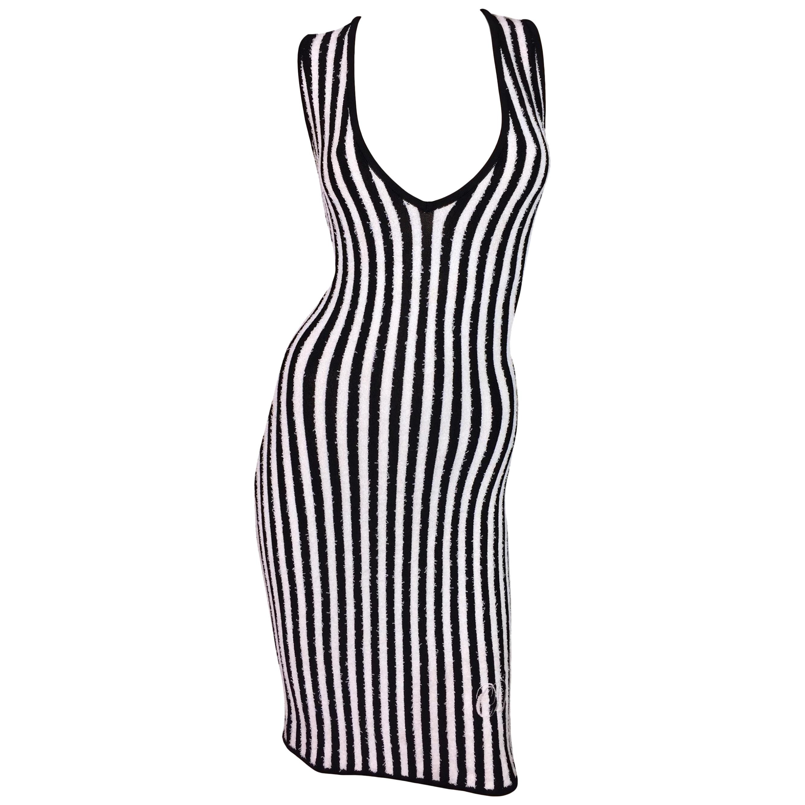 S/S 1997 Christian Dior Black & White Stripe Plunging Bodycon Wiggle Dress