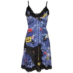 F/W 2001 Christian Dior Trompe L'oeil Denim Print Nylon Slip Dress