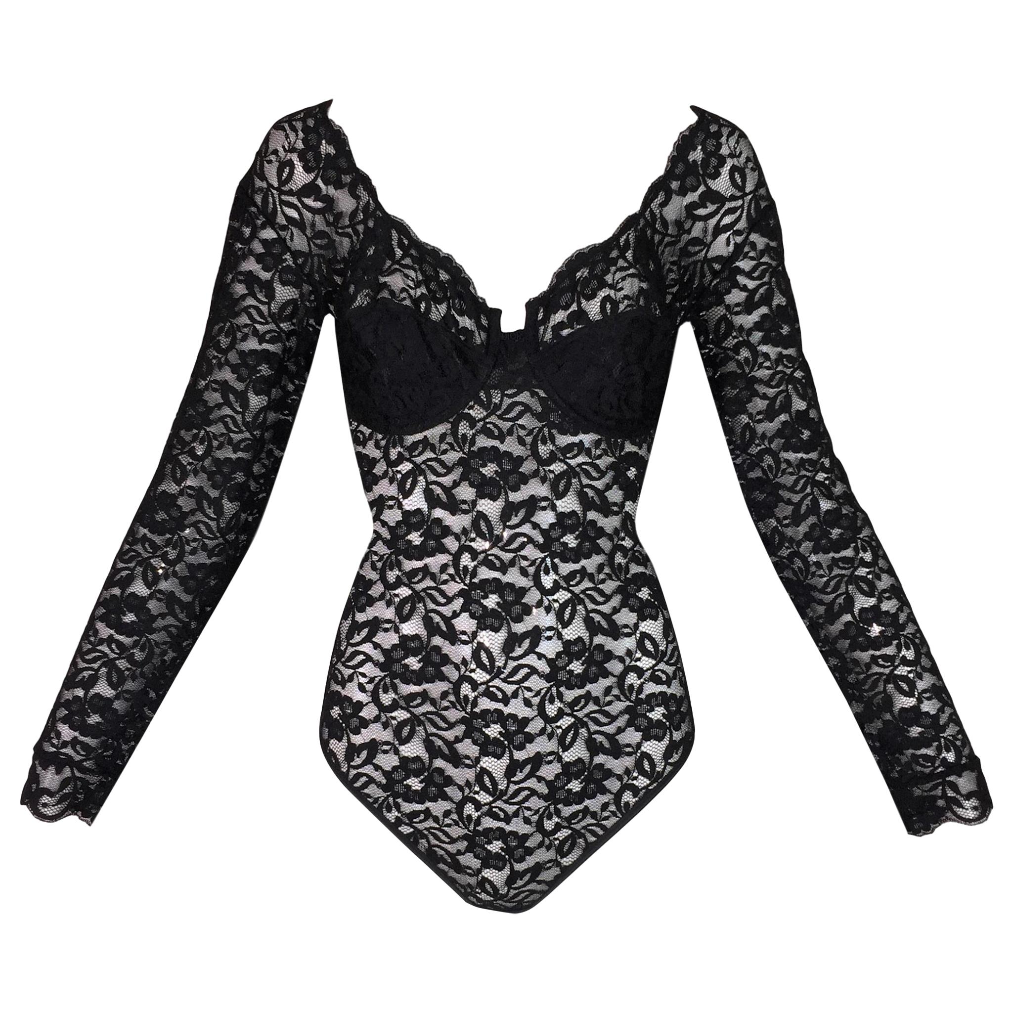 NWT 1990's Christian Dior Sheer Black Lace Pin-Up L/S Bodysuit Top