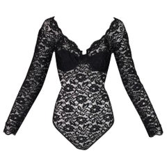Vintage NWT 1990's Christian Dior Sheer Black Lace Pin-Up L/S Bodysuit Top