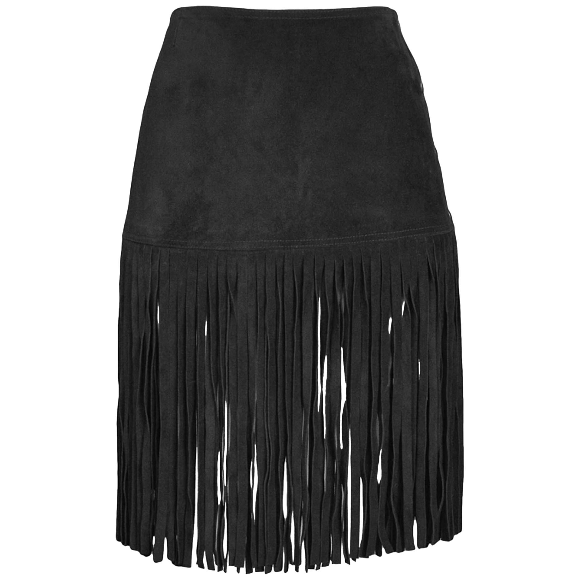 Vintage Yves Saint Laurent Black Suede Fringe Skirt