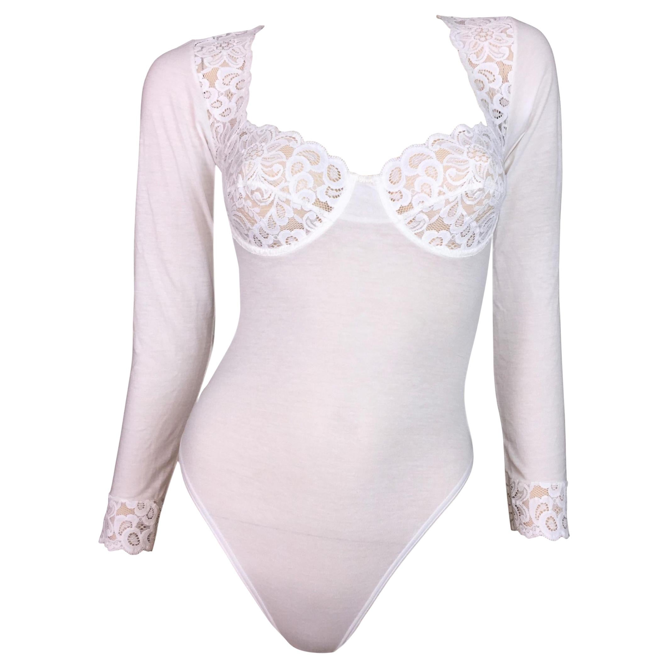 NWT 1990's Christian Dior Sheer White Lace Bodysuit Top