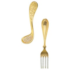 Large Karl Lagerfeld Gilt Gold Fork & Spoon Brooch With Pearls