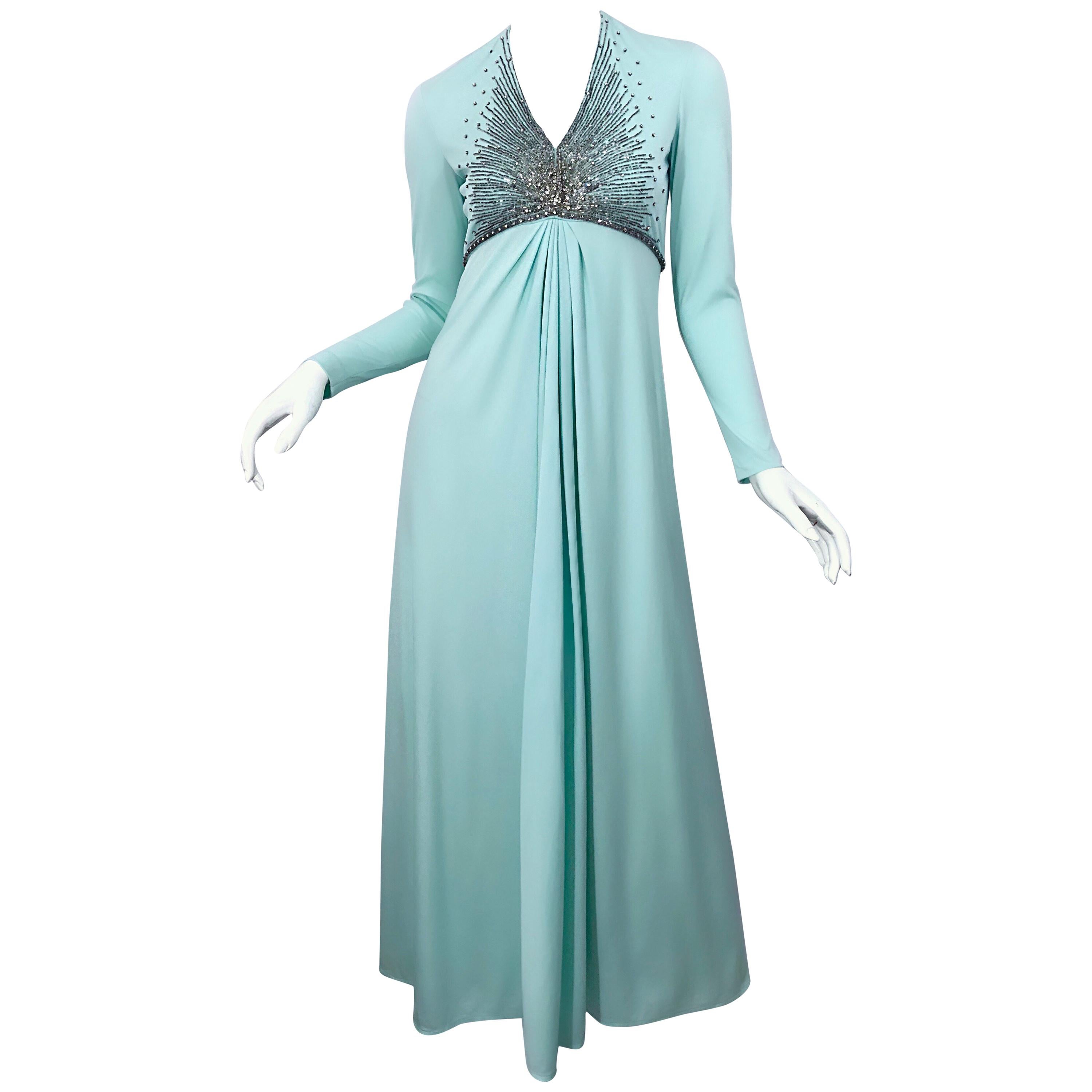 Gorgeous 1970s Victoria Royal Couture Mint Blue Rhinestone Jersey 70s Gown Dress