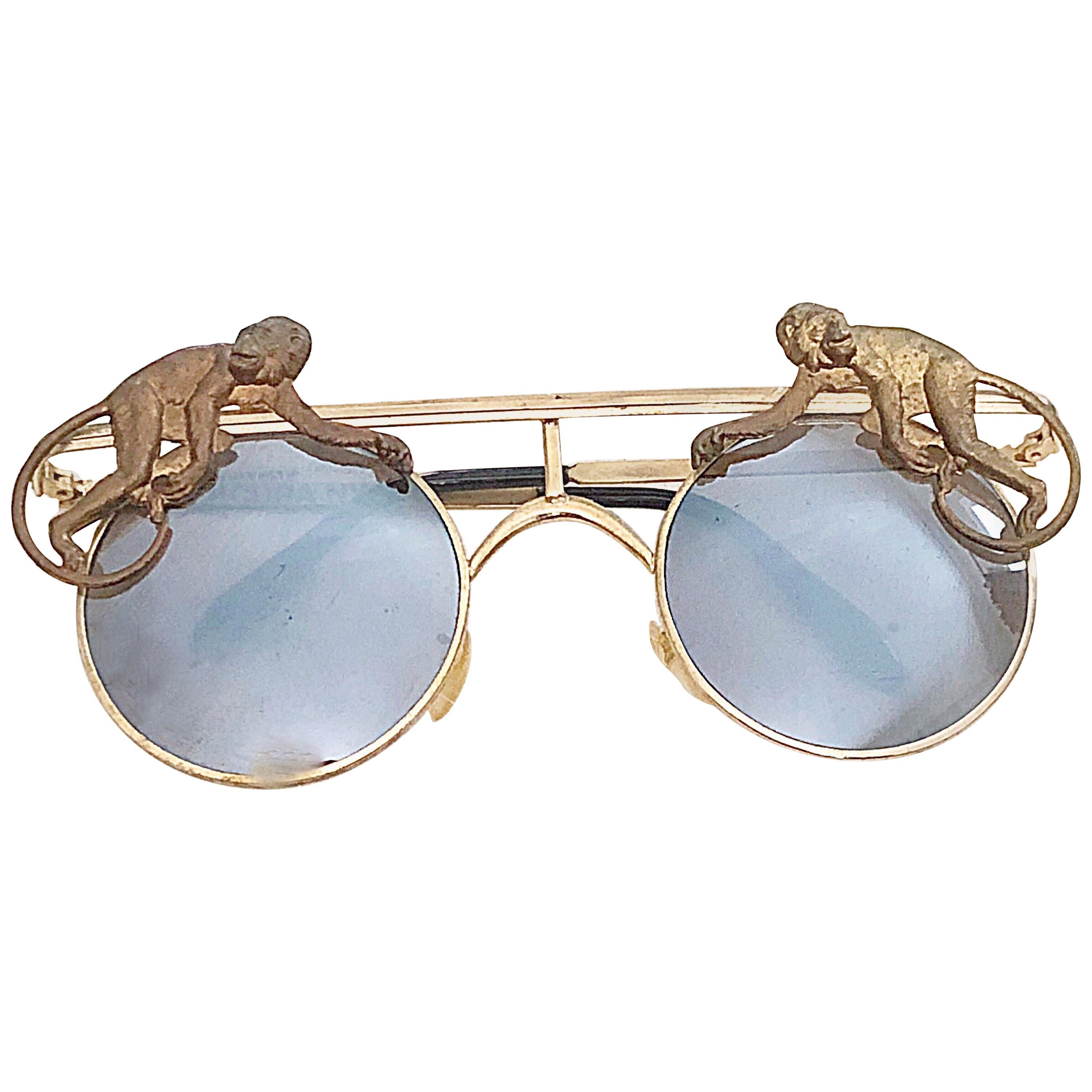 Rare Vintage Mercura Unisex Gold Brass Flying Monkeys Novelty Aviator Sunglasses