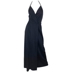 1970s Lilli Diamond Black Jersey Rhinestone Vintage 70s Wrap Maxi Dress Gown