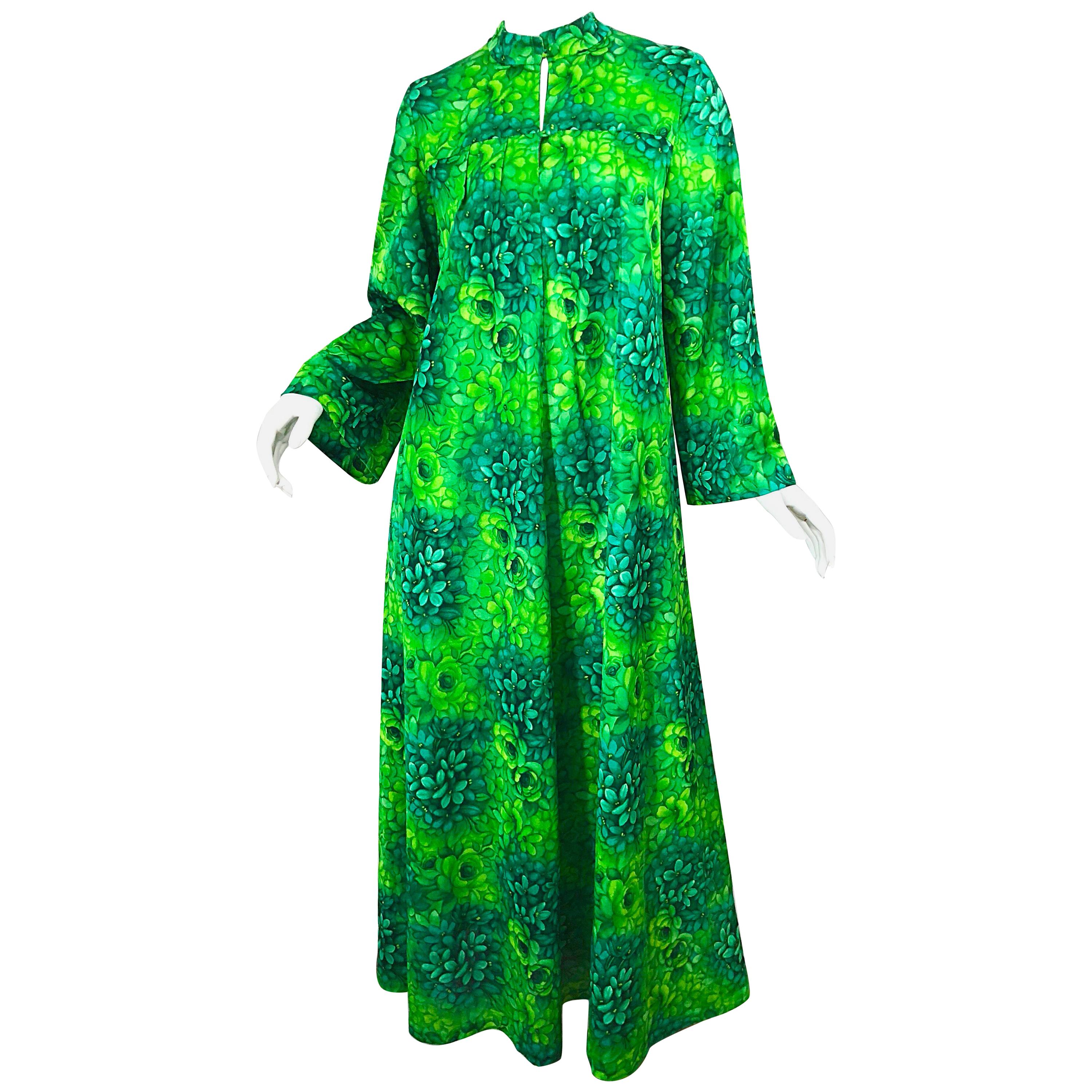 Amazing 1970s Neon + Kelly Green Abstract Flower Print 70s Vintage Caftan Dress