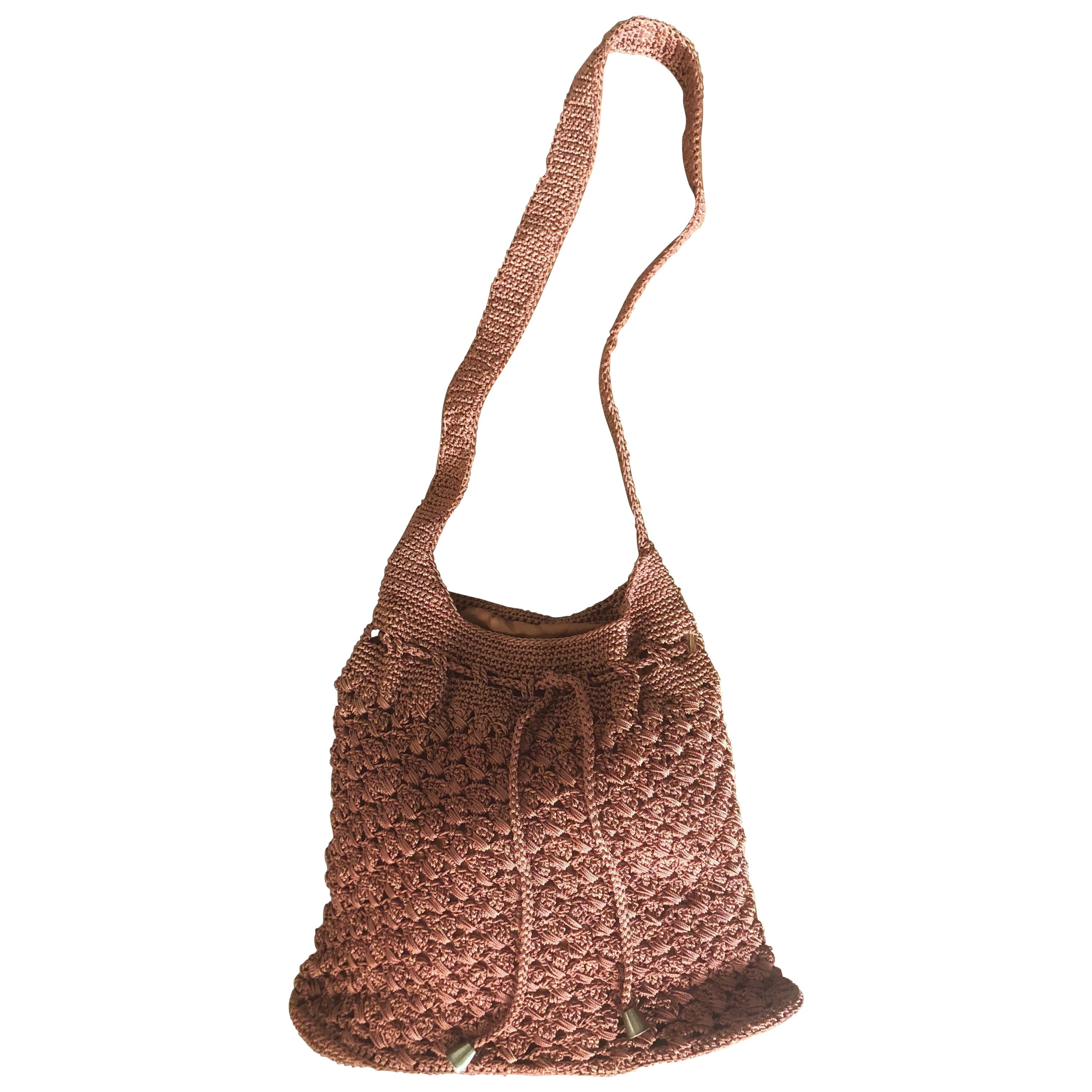 1970s Light Brown Italian Rayon Crochet Boho Vintage 70s Hobo Shoulder Bag  For Sale