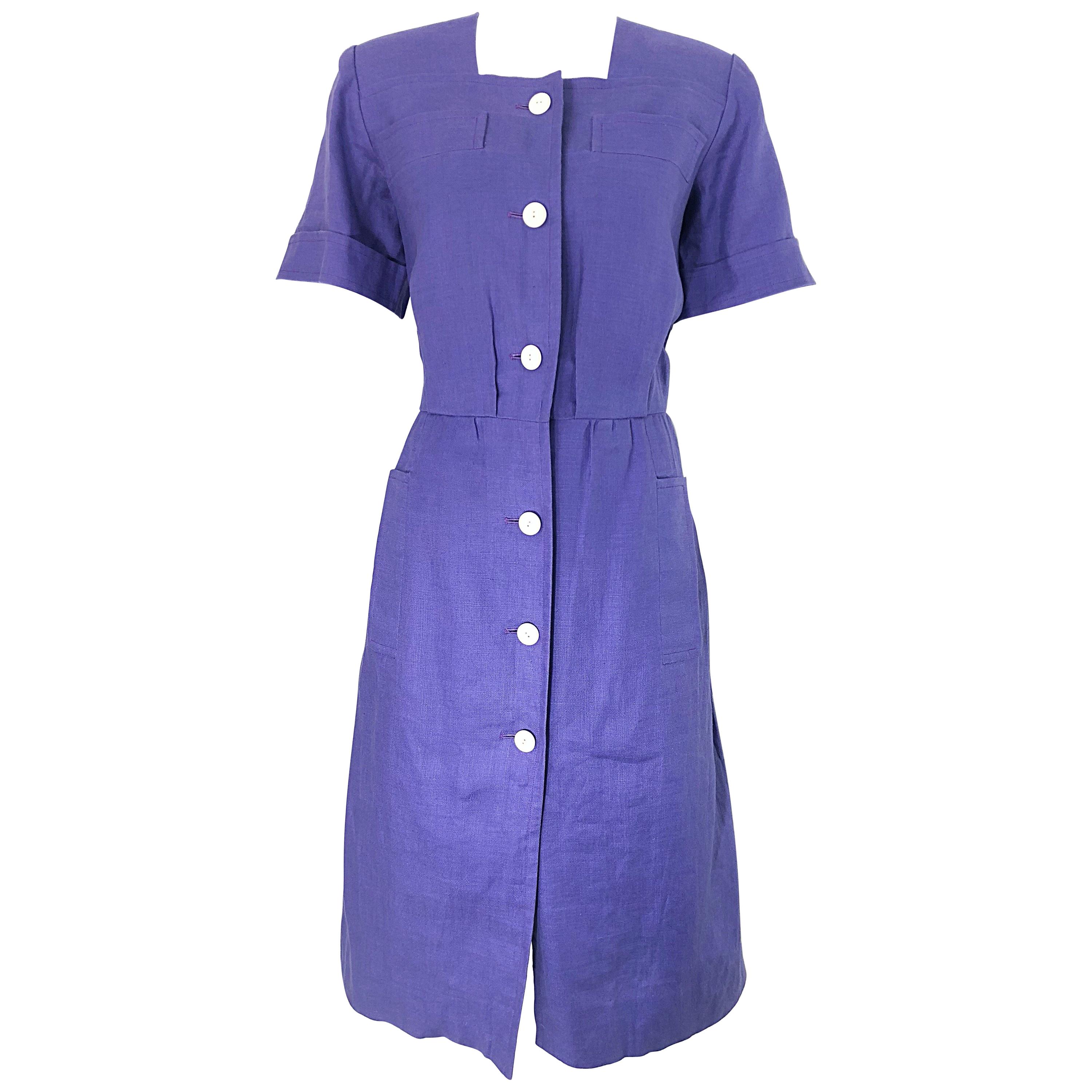Vintage Yves Saint Laurent Size 46 / 12 Lavender Lilac Purple Linen Dress YSL