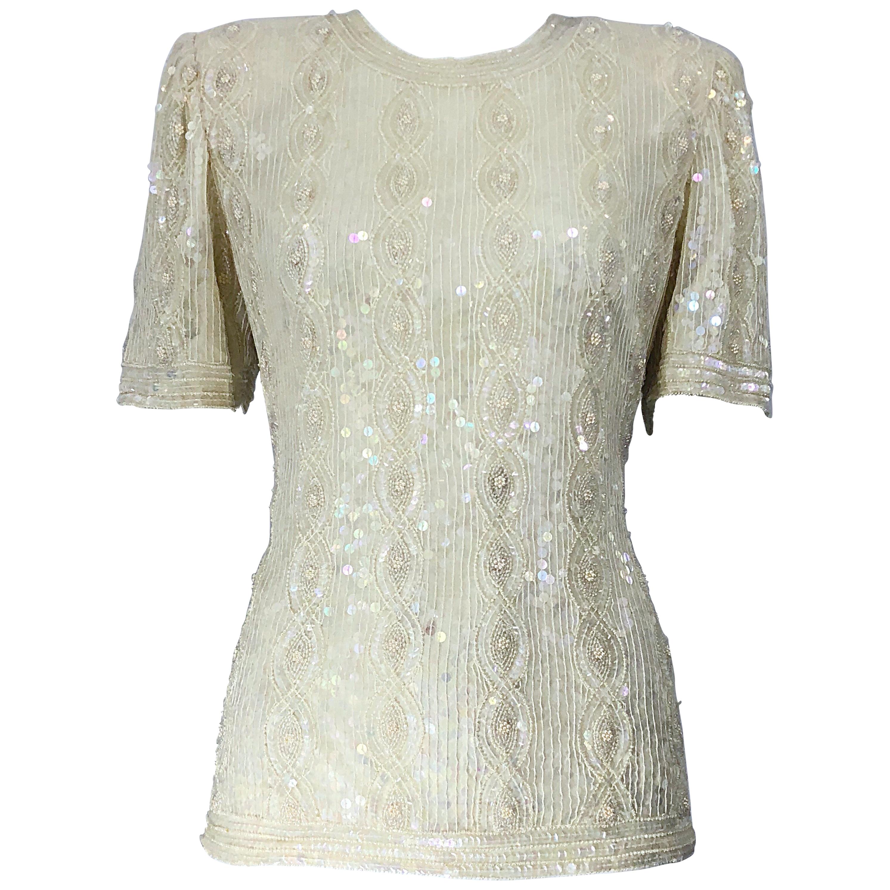 Beautiful Vintage Ivory Off White Sequin Beaded Pearl Encrusted Silk Blouse Top