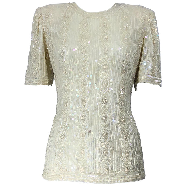 Beautiful Vintage Ivory Off White Sequin Beaded Pearl Encrusted Silk Blouse  Top For Sale at 1stDibs | beaded white top, ivory beaded top, white sequin  top