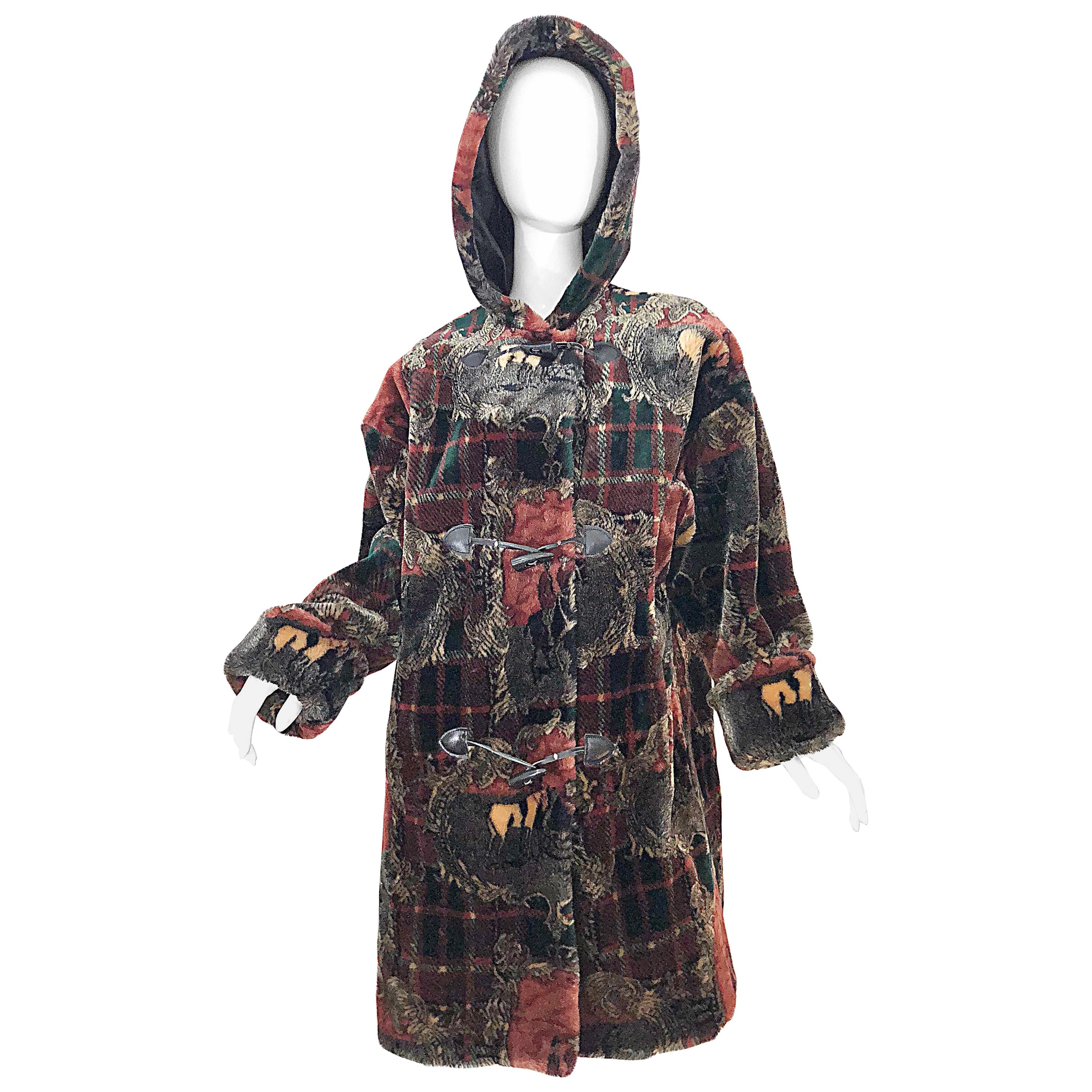 Extra Plush Vintage Faux Fur Equestrian Plaid Print Oversized Hooded Jacket For Sale