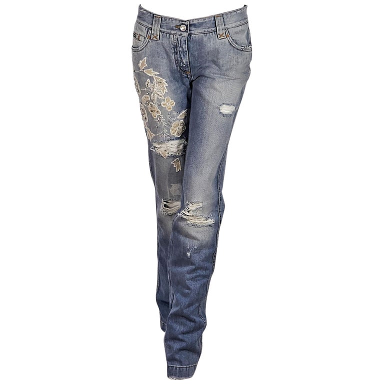 Dolce and Gabbana Ripped Grunge Jeans with Rhinestone Brooches - S For