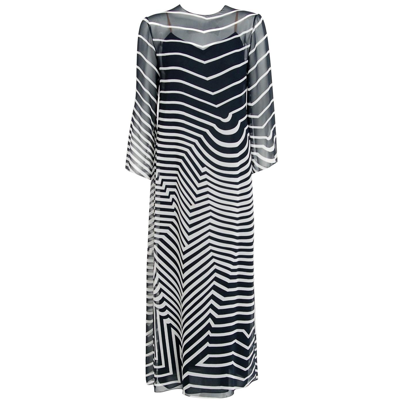 Halston Couture Black and White Graphic Illusion Silk Chiffon Maxi Dress, 1977