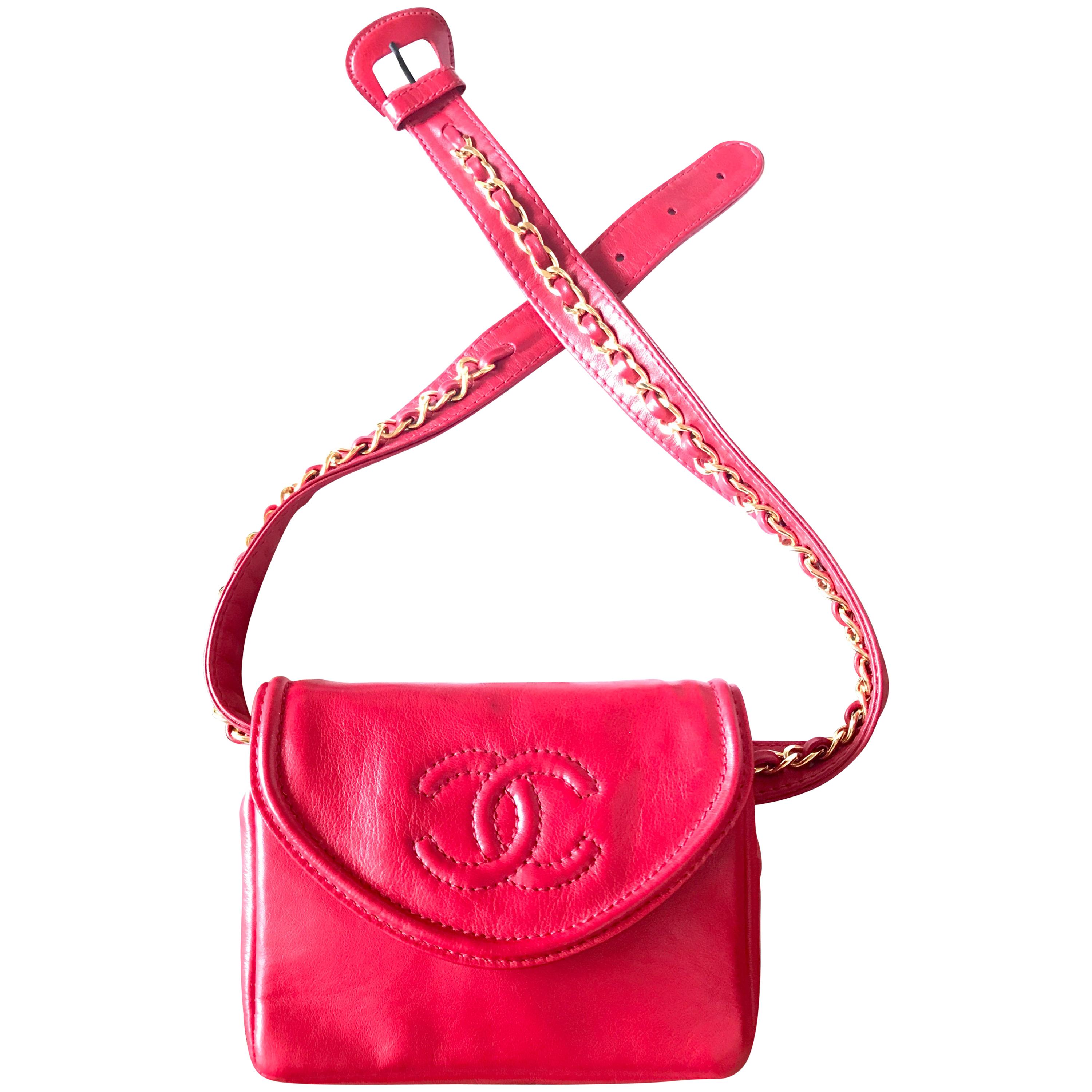 Chanel Vintage red leather belt bag / fanny pack with CC stitch mark and chains For Sale