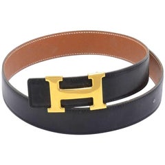 Vintage Hermes Brown & Black Leather Gold Tone H Buckle Waist Belt-Size 65