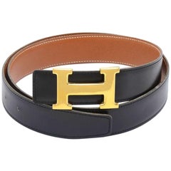 Vintage Hermes  Constance Brown & Black Leather  Gold Tone H Buckle Belt Size 90