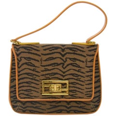 Vintage Fendi Tobacco Tiger Print Canvas & Brown and Yellow  leather Flap Should