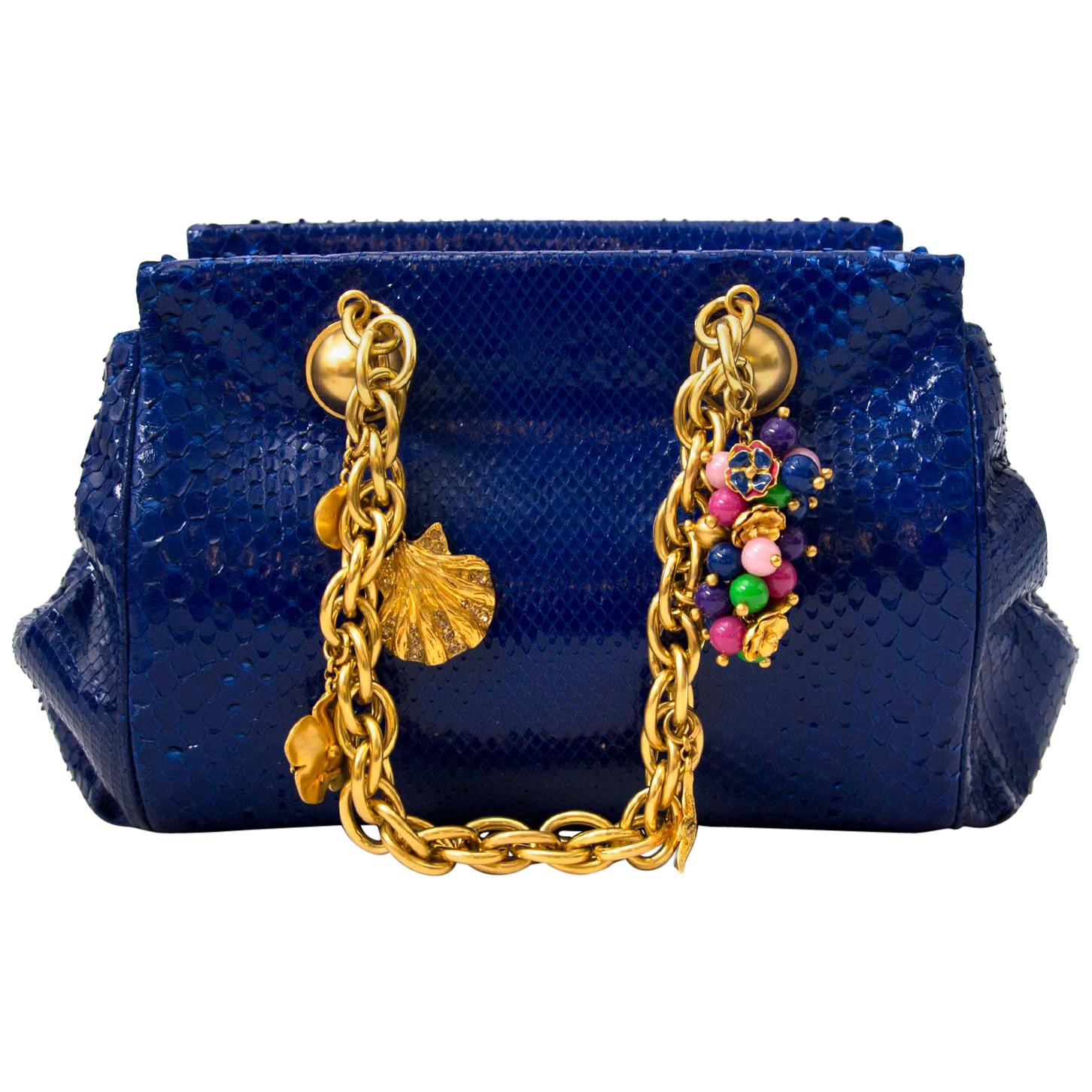 Versace Blue Python Gold Chain Bag With Ornaments
