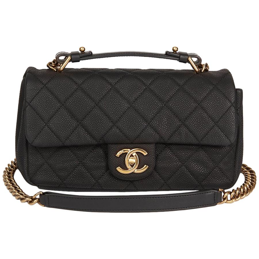 2010s Chanel Black Quilted Matte Caviar Leather Globe Trotter Flap Bag