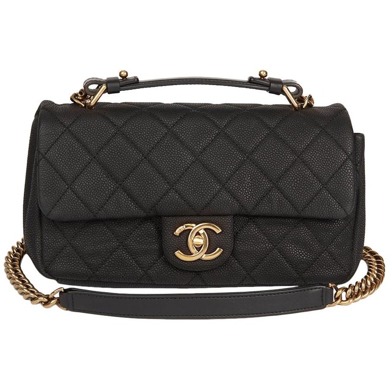 2010s Chanel Black Quilted Matte Caviar Leather Globe Trotter Flap