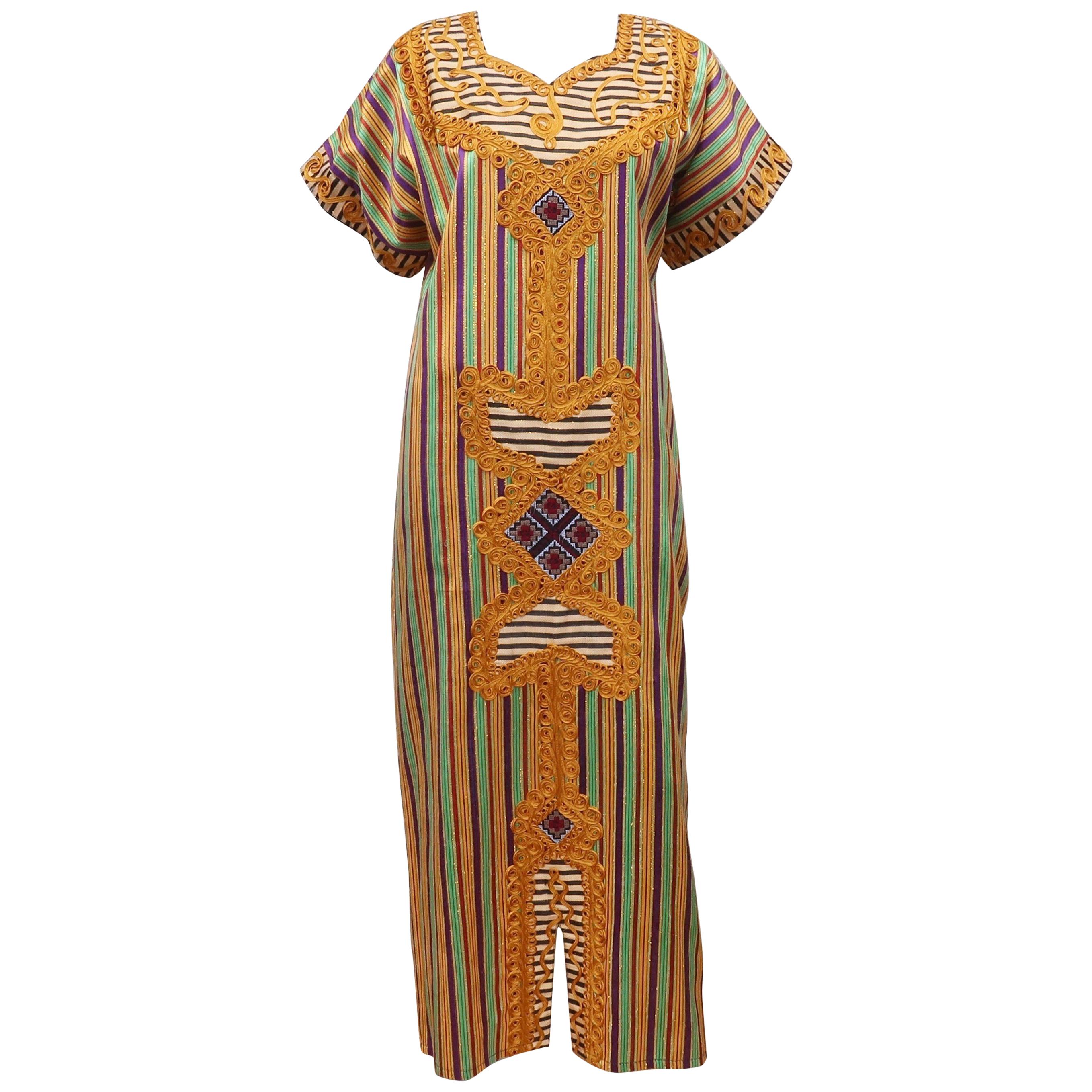 Egyptian Vintage Striped Caftan Dress With Ornate Trim