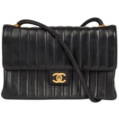 1980s Chanel Black Vertical Quilted Lambskin Retro Classic Single Flap Bag