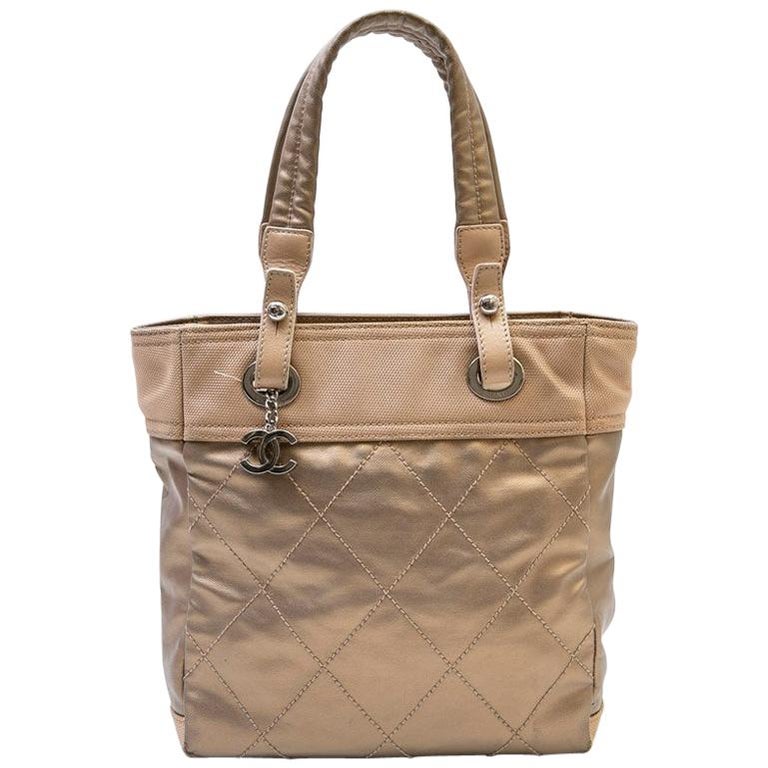 Chanel Biarritz Bag in Gold Beige Quilted Fabric For Sale at 1stdibs