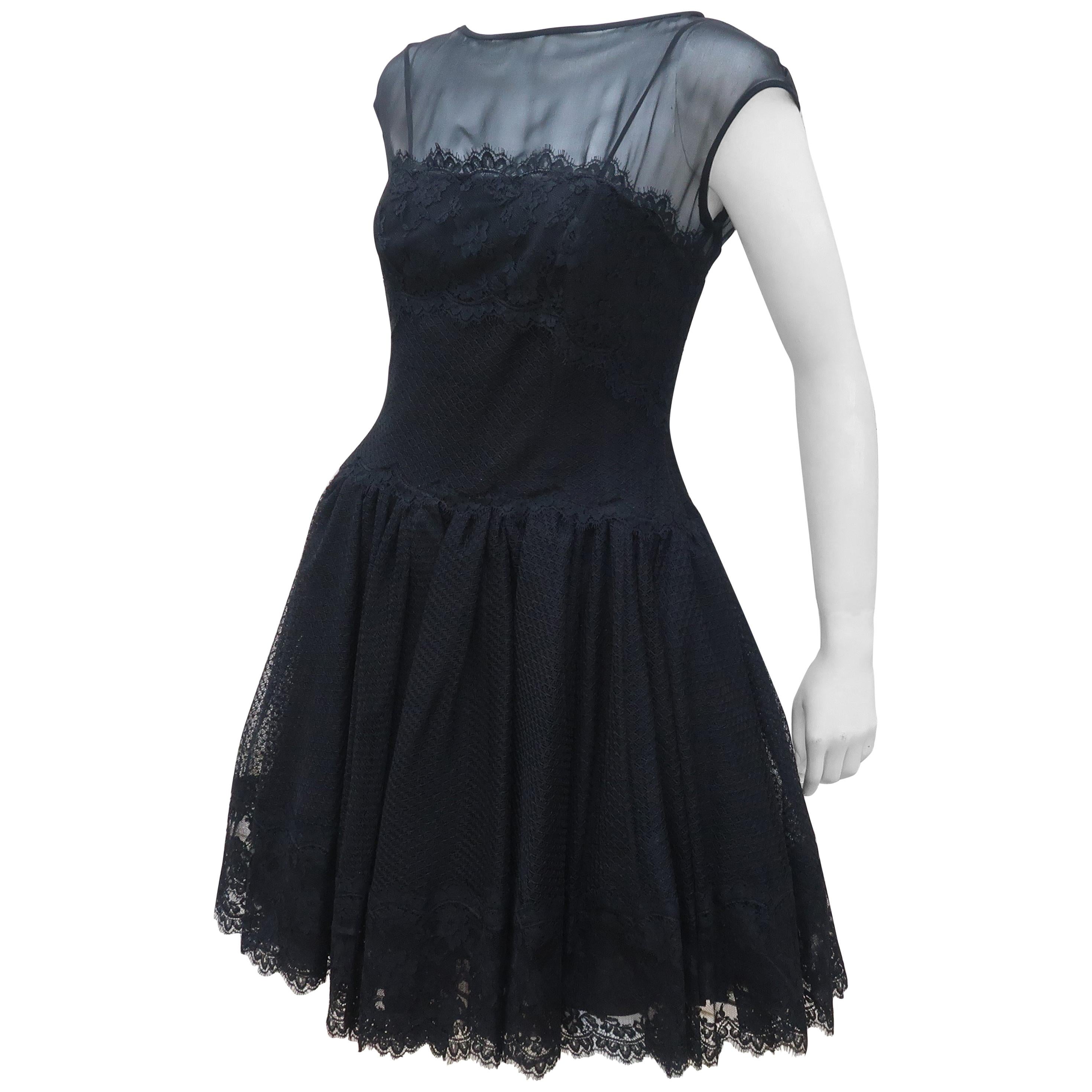 Stanley Platos Black Tulle and Lace Ballerina Cocktail Dress, 1980s  