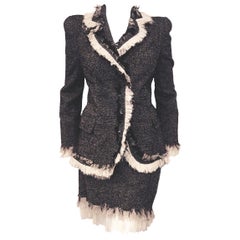 Alexander McQueen Chevron Tweed Wool Skirt Suit with Ivory Silk Fringe