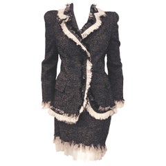 Alexander McQueen Chevron Tweed Wool Skirt Suit with Ivory Silk Fringe 