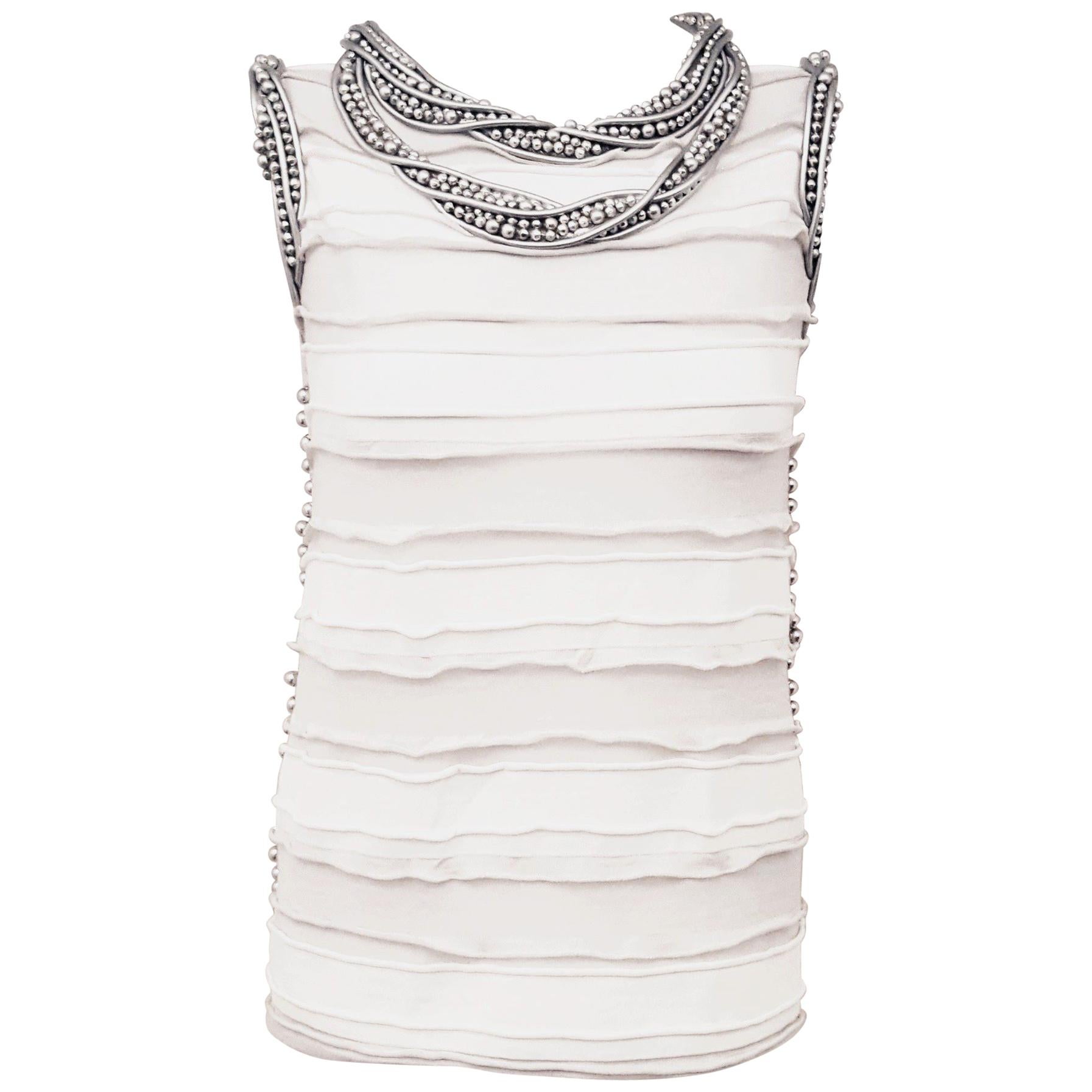 Chanel White and Grey Ruched Top Embellished W/ Silver Tone Faux Pearls 