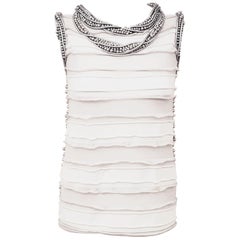 Chanel White and Grey Ruched Top Embellished W/ Silver Tone Faux Pearls