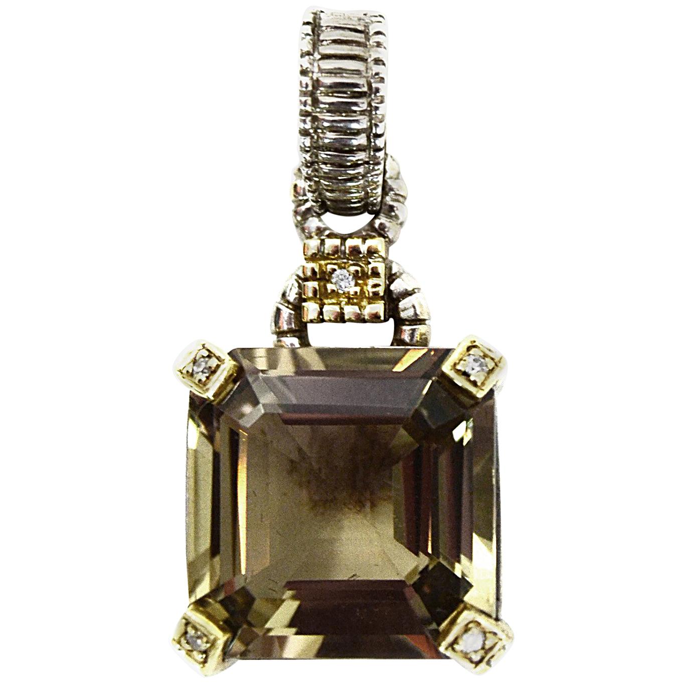 Judith Ripka Sterling/Gold Large Emerald Cut Smoky Quartz Pendant W/ Diamonds