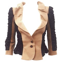 Louis Vuitton Black Ruched Body Hugging Jacket with Camel Color Ruffled Collar