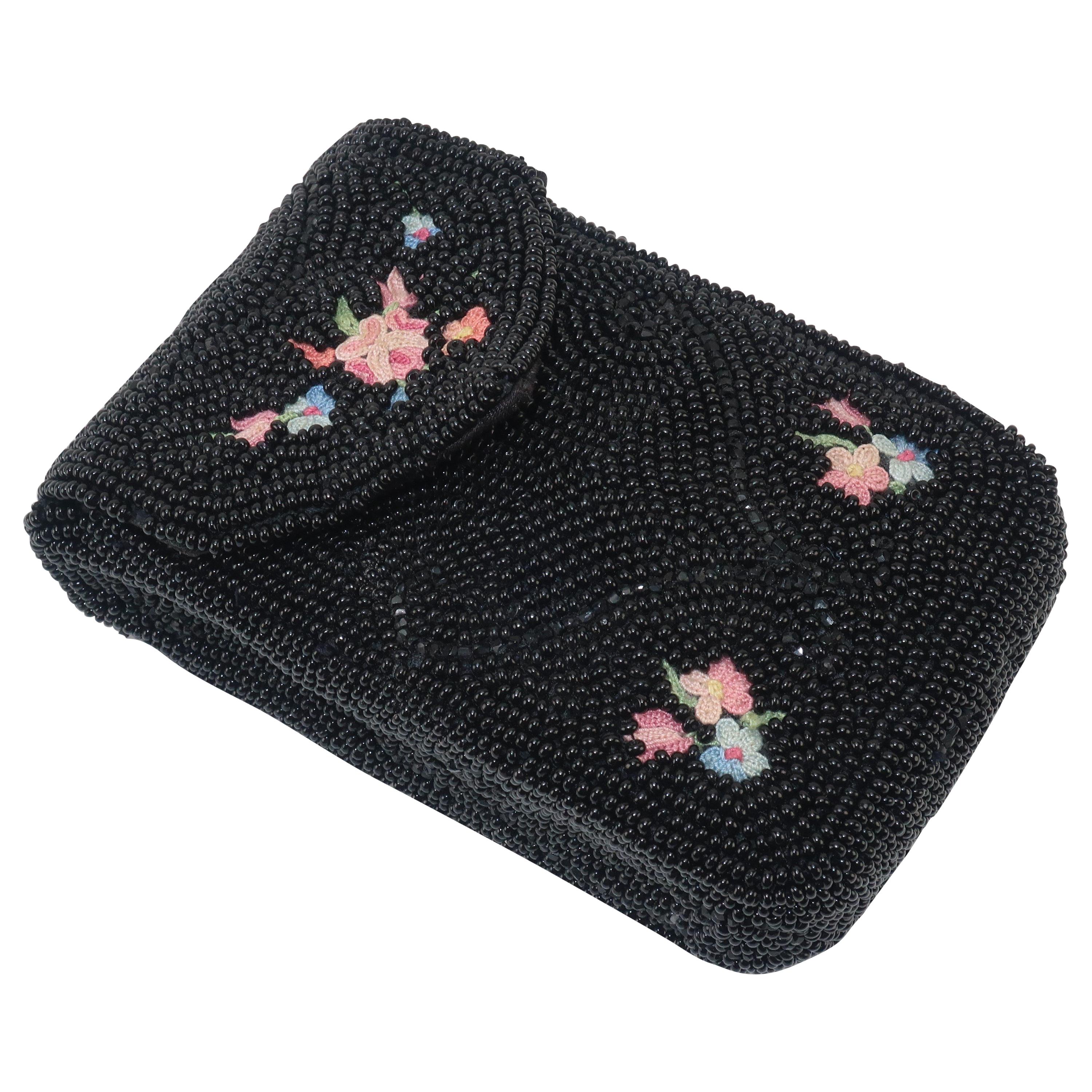 1950's French Black Beaded & Embroidered Cigarette Box Case