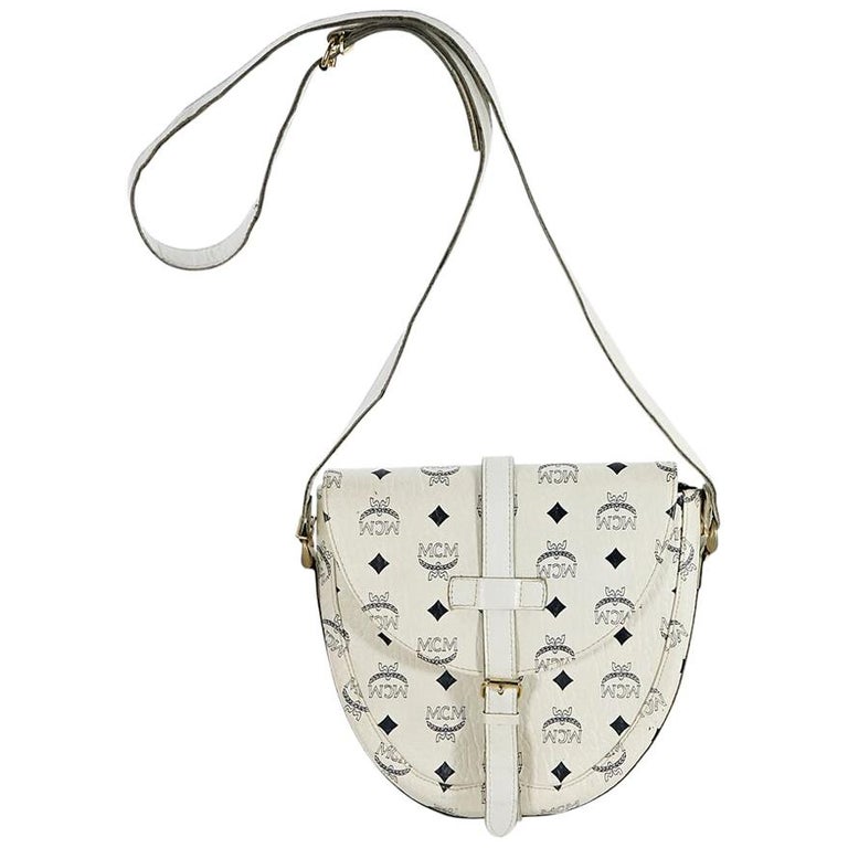 White and Black MCM Logo-Printed Leather Crossbody Bag For Sale at 1stDibs
