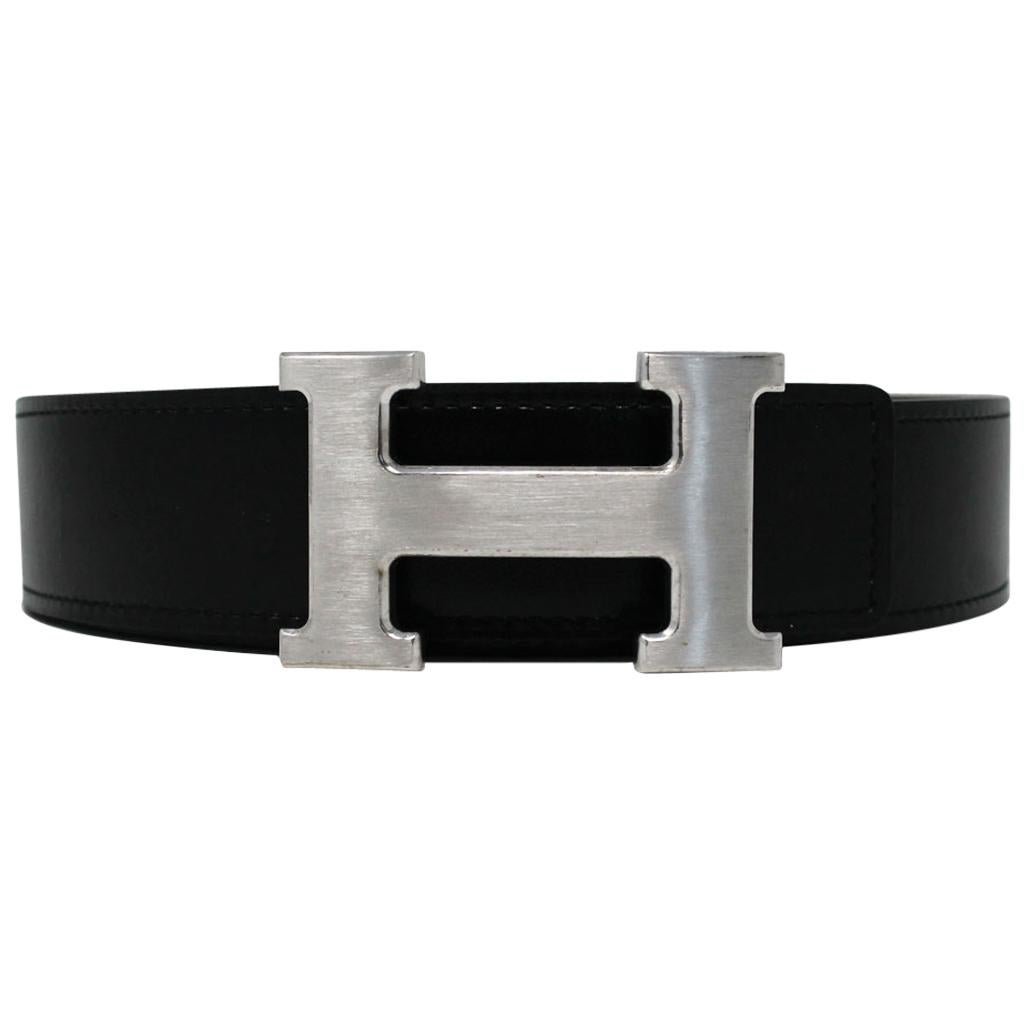 Hermes Stainless Steel H Belt Buckle on Black/Etoupe Belt Size 90 in Box