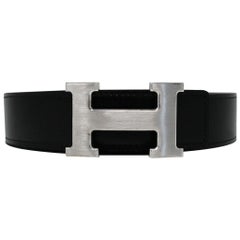 Hermes Stainless Steel H Belt Buckle on Black/Etoupe Belt Size 90 in Box